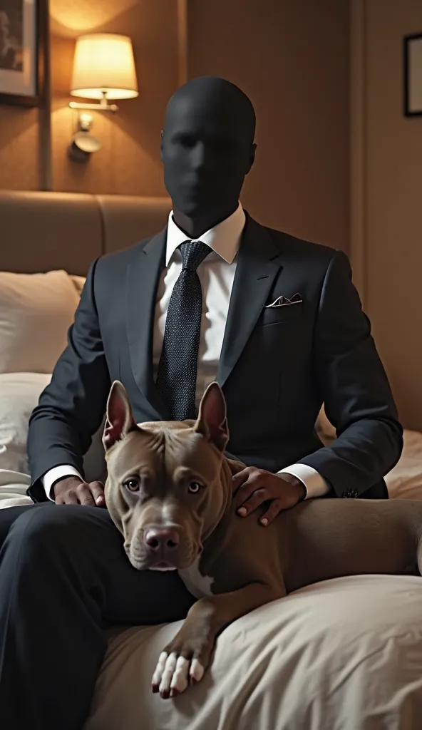 Person in a suit sitting on the bed with a Pit Bull dog on their lap, (Don't show the person's face)