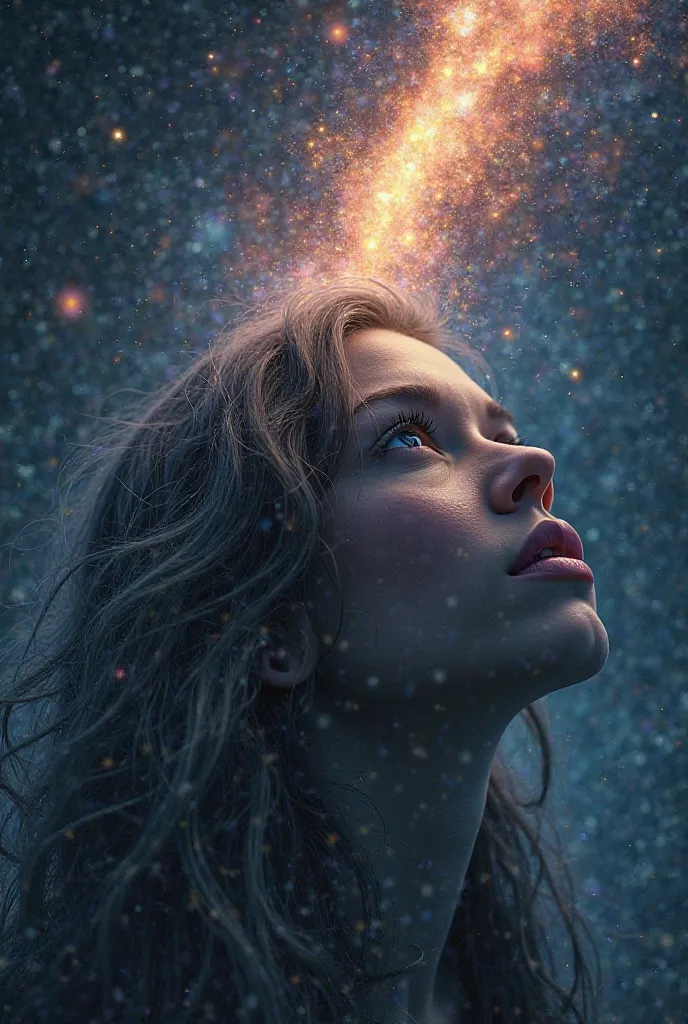 Create an image where one that falls, It looks like a meteor,  just the face, with long hair, therefore, and in the background a galaxy. Place her face on the lower right 
From the image, and the length of the hair that reaches the top left