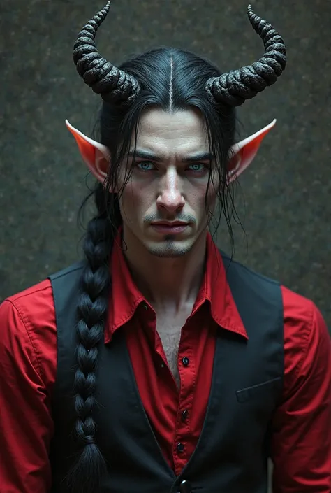 The devil is a guy,with pale skin,with regular horns,with black hair are braided in one pigtail and loose bangs ,with blue eyes,wearing a red shirt and a black vest. With a devil's tail. Height 148