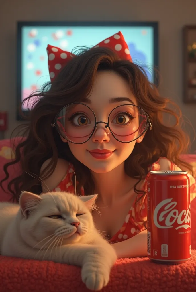 pixar-style image of a white woman, Oriental, brown hair, big glasses. Are you wearing a carnival costume?, lying on the couch in front of the TV. There is a Cocacola can and a Siamese cat in the image.