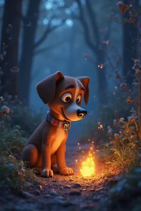 in this story I want you to play The images in sequence as the story is, all images must be in the same style in 3D Disney Pixar Max, a playful and curious dog, found a bone that glowed in the dark while digging in the garden. But when he unearthed him,  T...