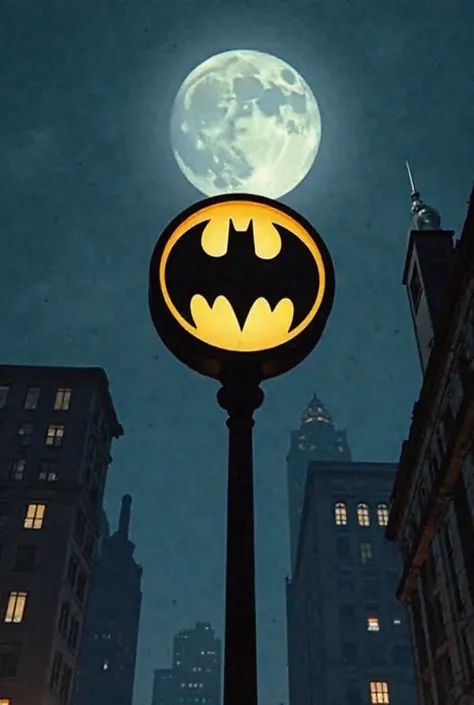 batman logo on a pole with a full moon in the background, a picture by Frank Miller, tumblr, pop art, from movie batman, batman, still image from batman movie, batman horror movie, in batman, film still of batman, in batman movie still cinematic, batman fo...