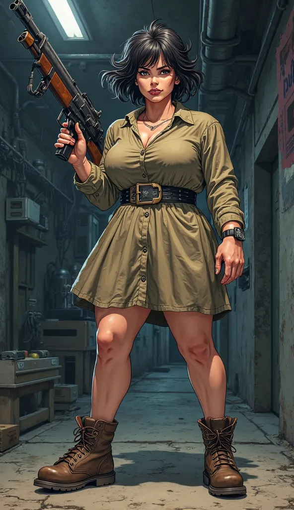 an anime cover drawing of Ma Barker, a 61 year old, dark haired fat woman with a cigar in her mouth wearing combat boots and a dress and holding an old fashioned machine gun