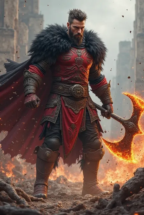 -Young human Berserker in his 20s with dark red armor, holding a large fire axe and on his shoulders a cloak of black bear skin.  Berserker red dragon armor