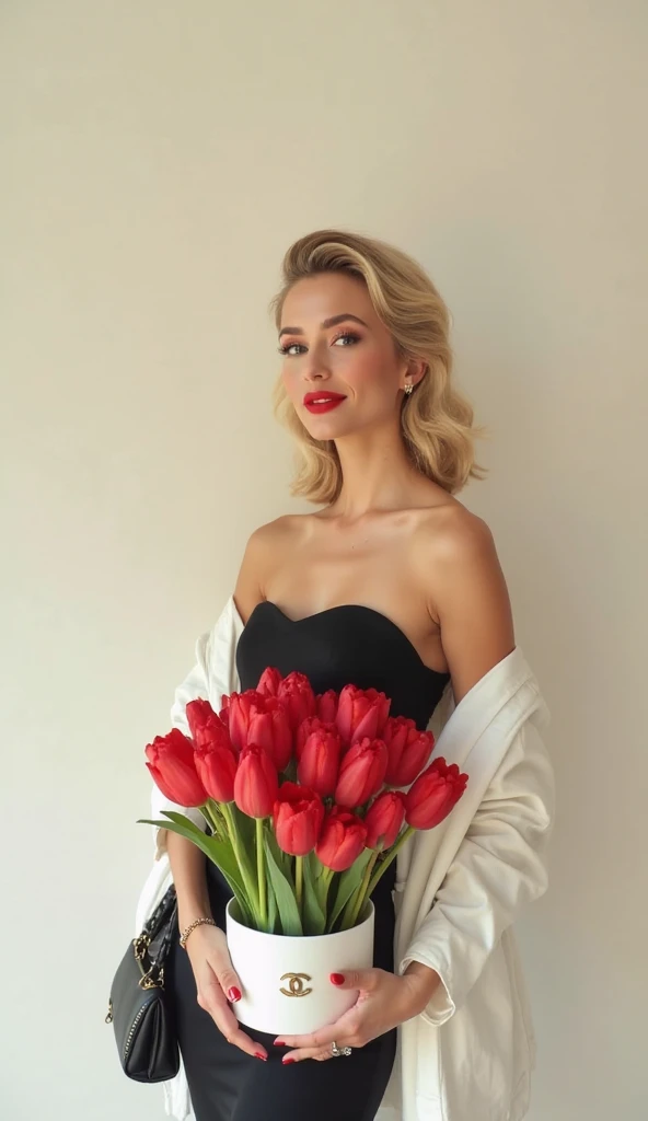 A glamorous very pretty blonde girl of model appearance with evening makeup and red lips with a slight smile on her face, hair is half gathered up in a fashionable hairstyle with a red manicure dressed in a tight strapless bustier dress dressed on top with...