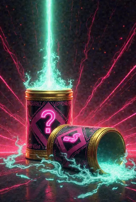 Digital art yugioh style
The artwork features two large, cylindrical objects in the foreground, set against a dramatic, high-contrast background of red, black, and neon accents. Here is a detailed description of every visible element:

Overall Composition ...