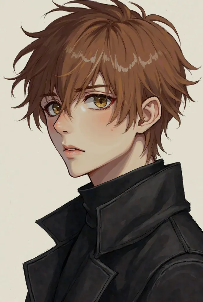 Chestnut hair is brown and blond. His hair is sharp on the side, but his eyebrows are natural and there is no attention, but something attracts her with a black coat. I paint it in the style of a manga anime. He is a sad boy without red cheeks and looks li...