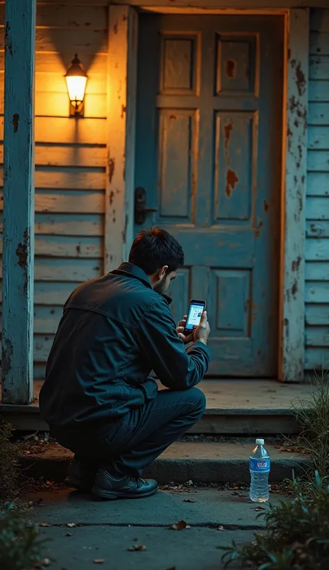 A water bottle on the floor, in front of an old, rusty house door. The delivery man is crouching, holding a cell phone to take a picture. The house light is on, creating strange shadows around."