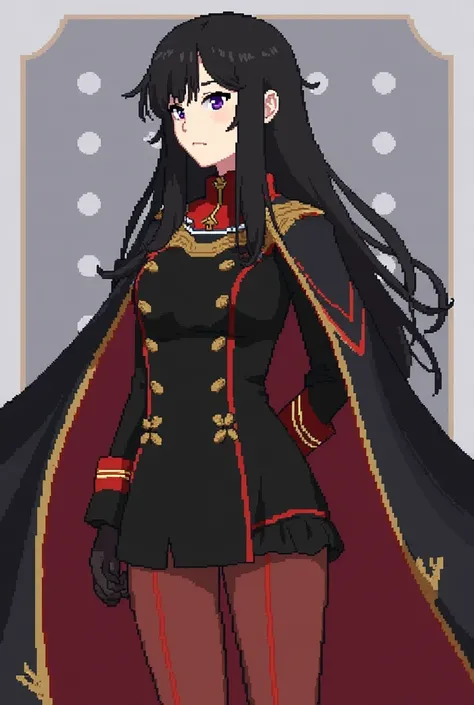 Lady Neravia of Dominion of Neravia Leader Portrait,16y.o, Anime-Pixel art style, Uniform, Long Black Hair, Black-Red Uniform, Side View, One sided Black-Red-Gold Cape, Schwerer Gustav Artillery Background