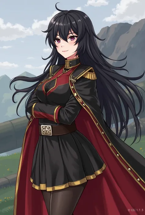 Lady Neravia of Dominion of Neravia Leader Portrait,16y.o, Anime-Pixel art style, Uniform, Long Black Hair, Black-Red Uniform, Side View, One sided Black-Red-Gold Cape, Schwerer Gustav Artillery Background