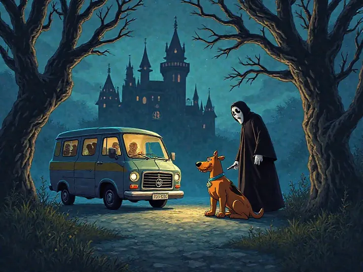 Scooby Doo catches Ghostface from the horror movie scream background mystery, Inc. Van Castle creepy trees. 