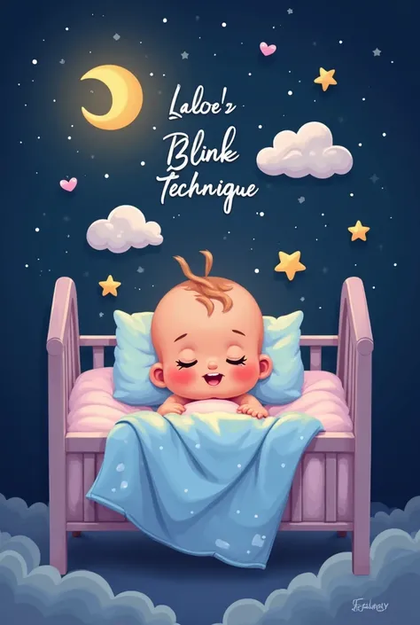 Create a cartoon, with dark blue background and soft pastel tones, 'Nanou Blink Technique' {x} ideal for a course module on the technique of helping Babies sleeping. The scene must include a baby smiling and sleeping in a crib, design-style image with cudd...