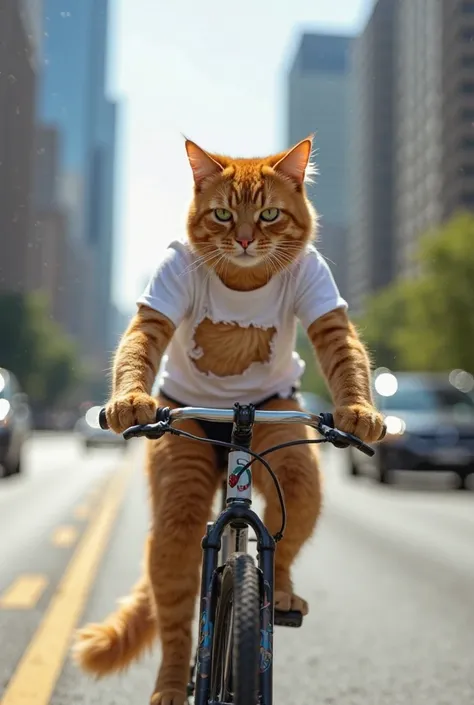 "A fluffy orange cat wearing a torn white t-shirt is riding a bicycle in a busy city street. The cat’s tail is visible, and it is pedaling like a human. The cityscape in the background includes tall skyscrapers, cars, and moving traffic. The scene is dynam...