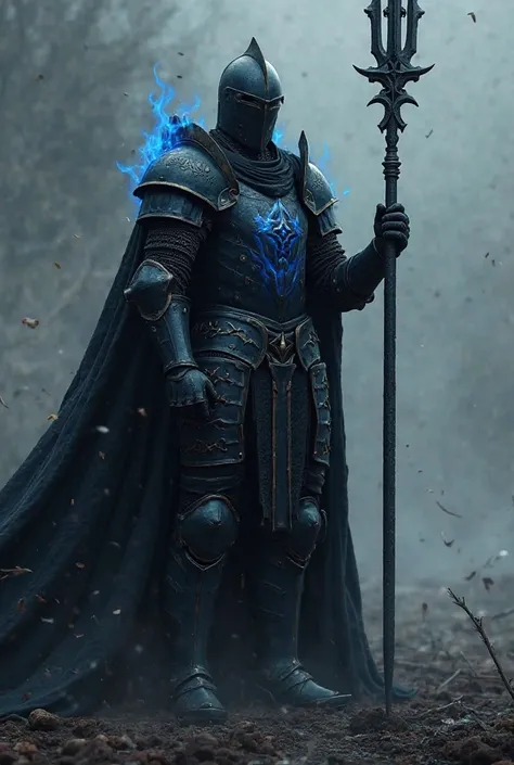 Create me a knight with completely black armor. It consists of blue flames at the armor openings and holds a powerful spear. He also has a star as a crest which is also black. He stands on a destroyed battlefield and looks into the endless void. He has a g...