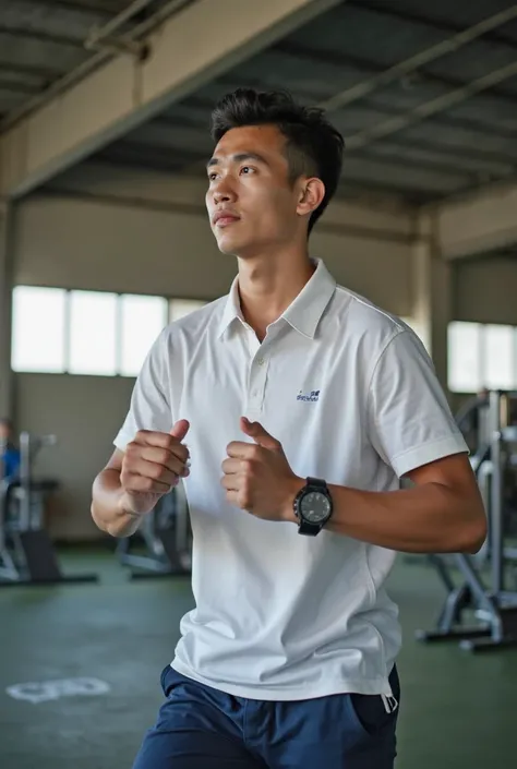 A 20-year-old Thai male student wearing a school uniform shirt is in the gym, exercising in a standing position.