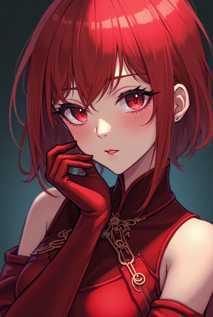 Anime white skin with short red hair elegant red outfit some red to medium gloves lenses and eyelashes 