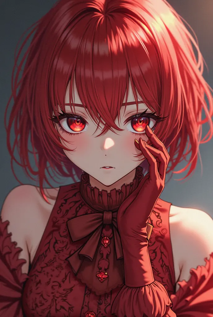 Anime white skin with short red hair elegant red outfit some red to medium gloves lenses and eyelashes 