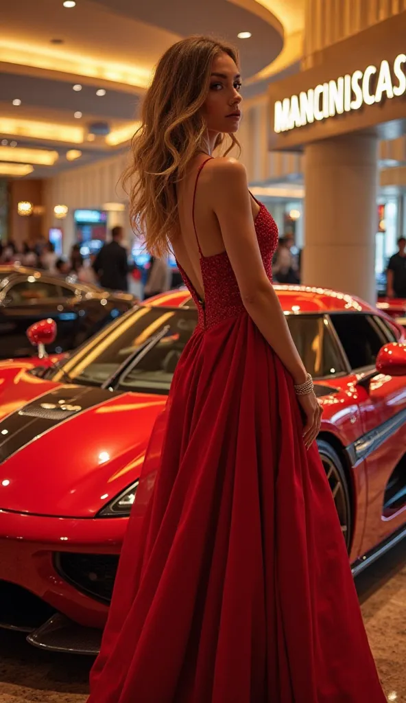 a woman, long wavy blonde hair brown eyes, skin made up with highlighter, defined nose, eyebrows is wearing a luxurious long red gala style dress she is in a Koenigsegg jesko absolut red maple on display with reflectors illuminating the car below in a mode...