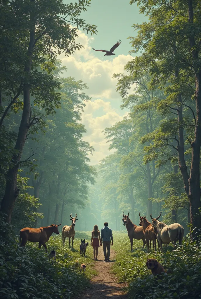 Cinematic forest with a leopard, two deer and an alligator on the right, On the left side a cow, two horses ,  a cat and a dog , In the sky a macaw and a flying cockatiel, In the middle a man and a woman walking