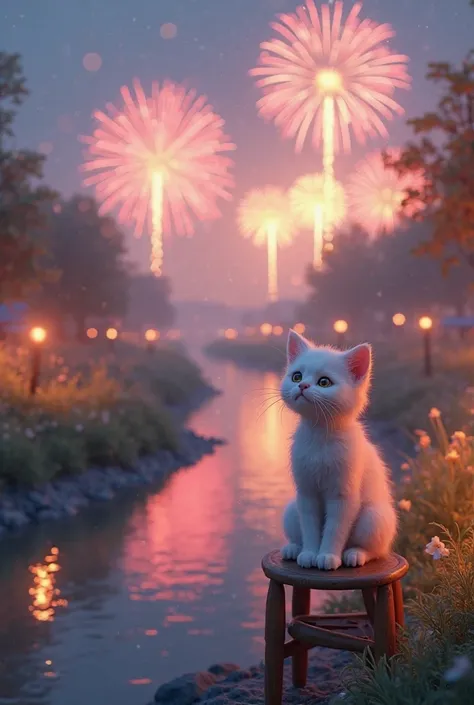 Make a 3D kitten in front with a river centered on a chair , I see the fireworks in the sky,Do in proportion 9 .16

