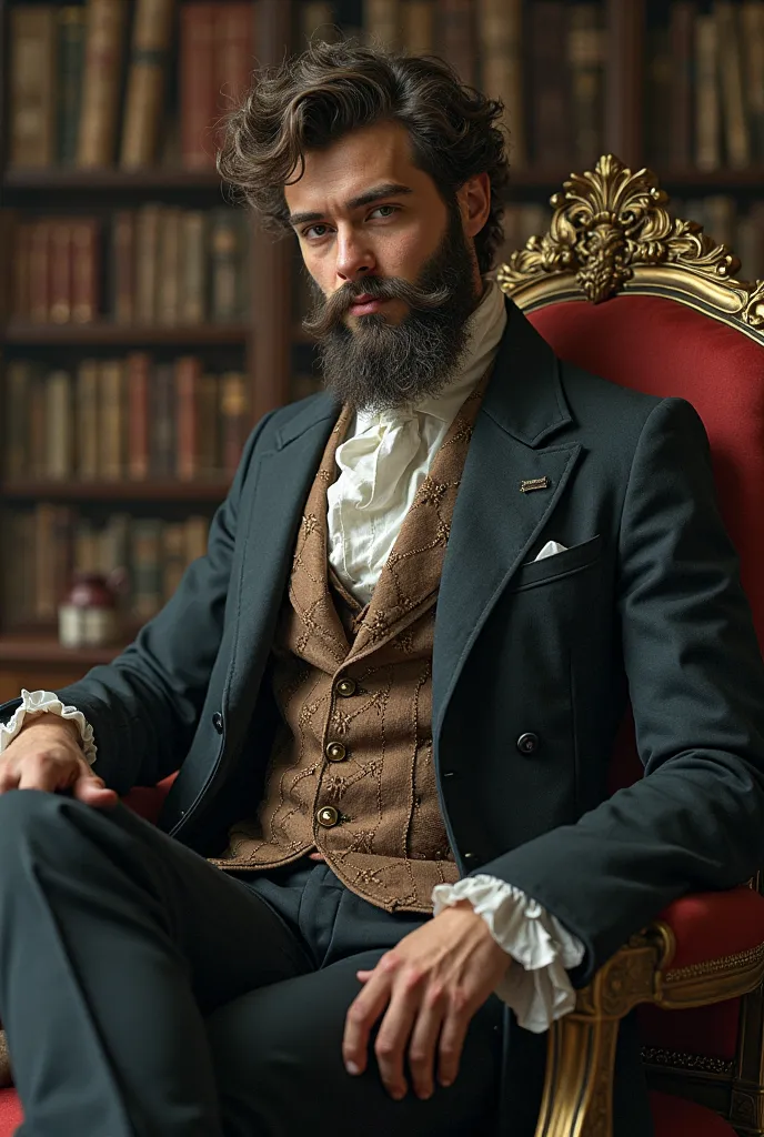  A young man with curly hair , long beard and elegant clothes sitting on a chair look like a doctor
