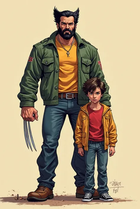 logan, marvel hero, and his son, beige background, comic animation style