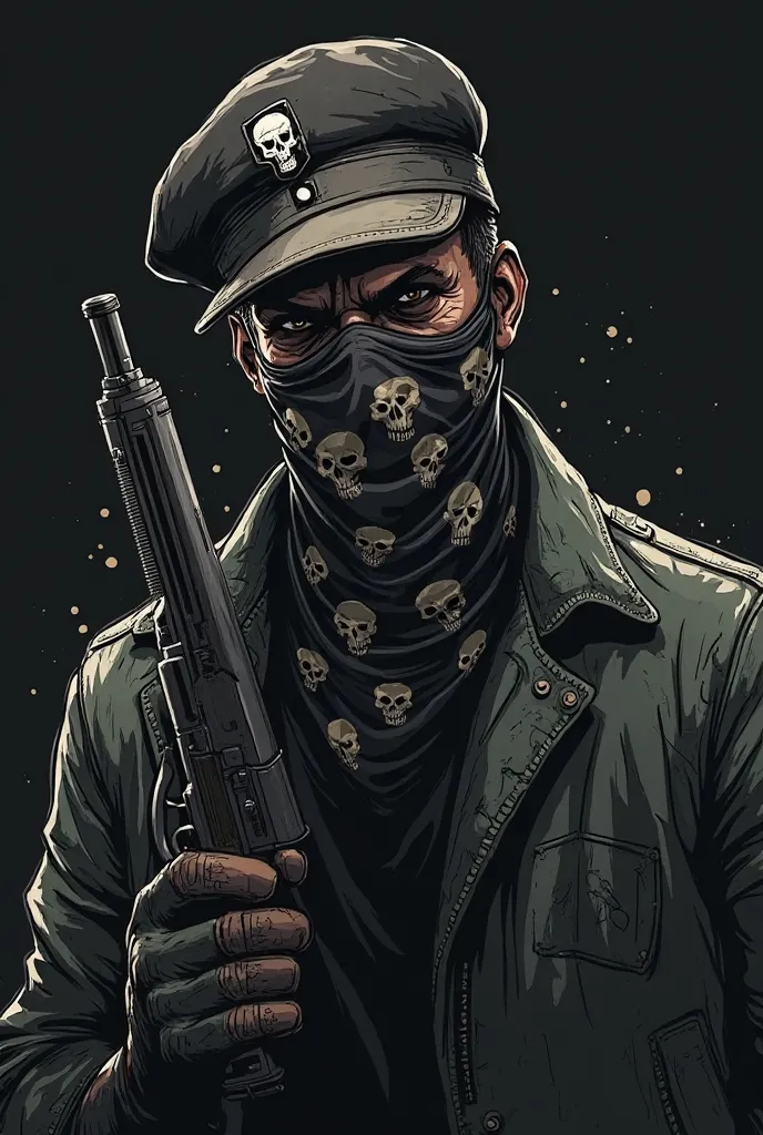 A guy wearing a beret with a skull in the middle and a skull bandana on his face in the all-Dark style, Scribble anime, with a gun in his hand 