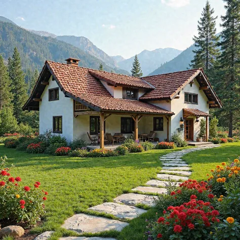 "A beautiful countryside house surrounded by lush greenery and vibrant flowers. The house features a modern rustic design with white walls, wooden beams, and a terracotta-tiled roof. A spacious front porch with wooden furniture provides a cozy and inviting...