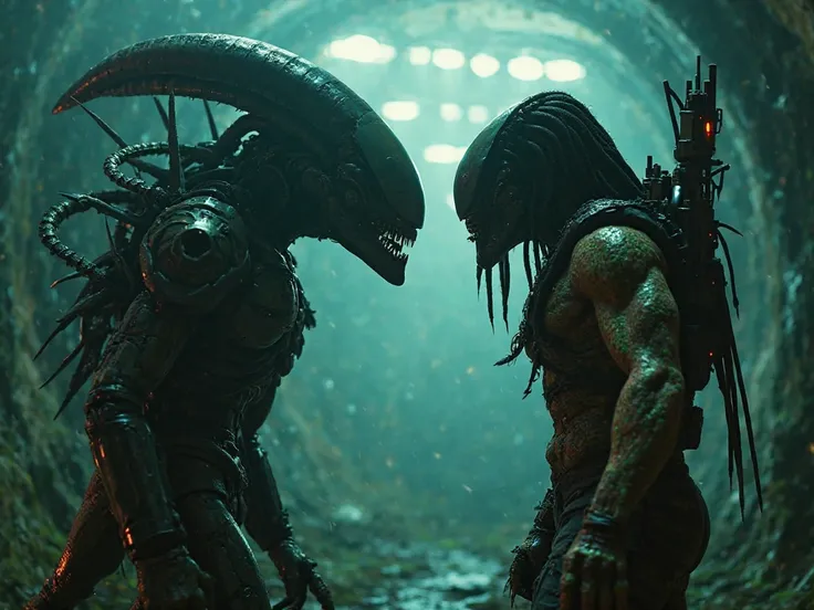 "A cinematic ultra-realistic 8K scene of an intense face-to-face duel between the Xenomorph Queen and the Predator. The Xenomorph Queen, with her massive, biomechanical exoskeleton and razor-sharp tail, looms menacingly, her elongated skull reflecting eeri...