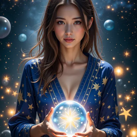 A beautiful female astrologer, detailed face and eyes, intricate star-patterned robe, holding a crystal ball, cosmic background, (best quality,4k,8k,highres,masterpiece:1.2),ultra-detailed,(realistic,photorealistic,photo-realistic:1.37),fantasy art,cinemat...