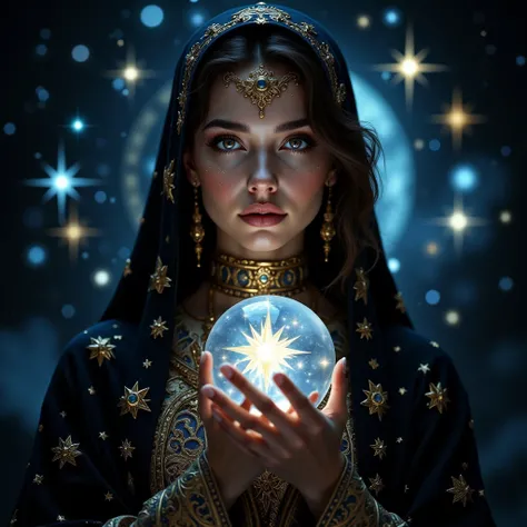 A beautiful female astrologer, detailed face and eyes, intricate star-patterned robe, holding a crystal ball, cosmic background, (best quality,4k,8k,highres,masterpiece:1.2),ultra-detailed,(realistic,photorealistic,photo-realistic:1.37),fantasy art,cinemat...