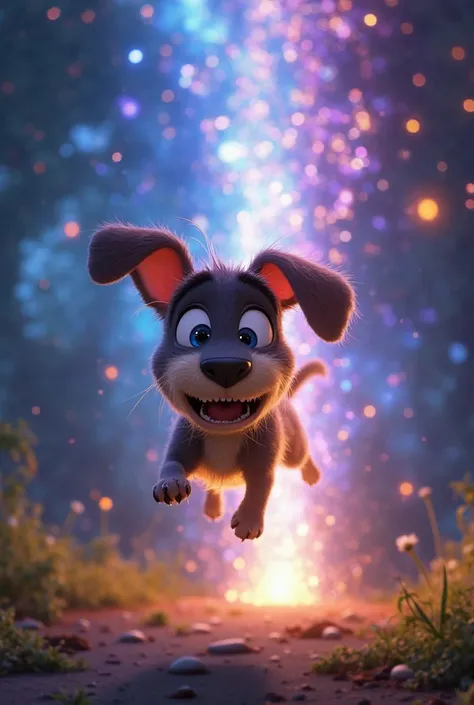 DISNEY PIXAR 3D IMAGE**:  The ground starts shaking , and a blinding light envelops Max. The camera shows how the garden is transformed into a magical portal. Max floats in the air, surrounded by flashes of vibrant colors: blues, gold and purple . His ears...