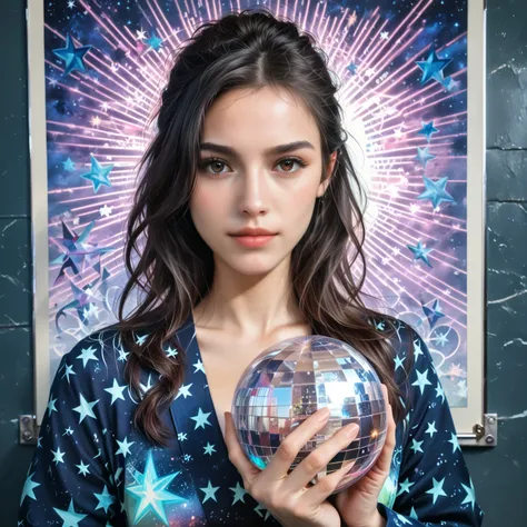 A beautiful female astrologer, detailed face and eyes, intricate star-patterned robe, holding a crystal ball, cosmic background, (best quality,4k,8k,highres,masterpiece:1.2),ultra-detailed,(realistic,photorealistic,photo-realistic:1.37),fantasy art,cinemat...