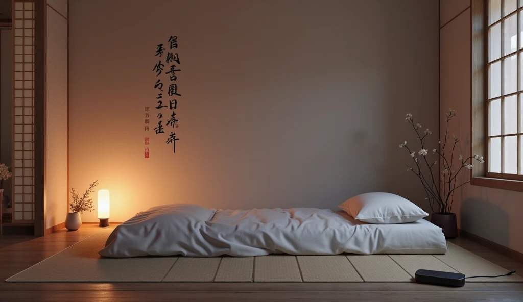 A traditional futon on the floor of a Japanese bedroom at night, with a cell phone charging away from bed. The atmosphere transmits relaxation, reinforcing the concept of avoiding screens before bed.