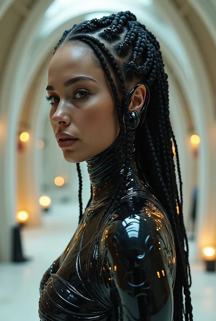 A woman assassin in an organic black biosuit, with black liquid enveloping her whole body and creating spiral relief patterns that react to the environment, oval face, black dreadlocks, almond-shaped eyes, secret top-space ship, curved white ceramic walls,...