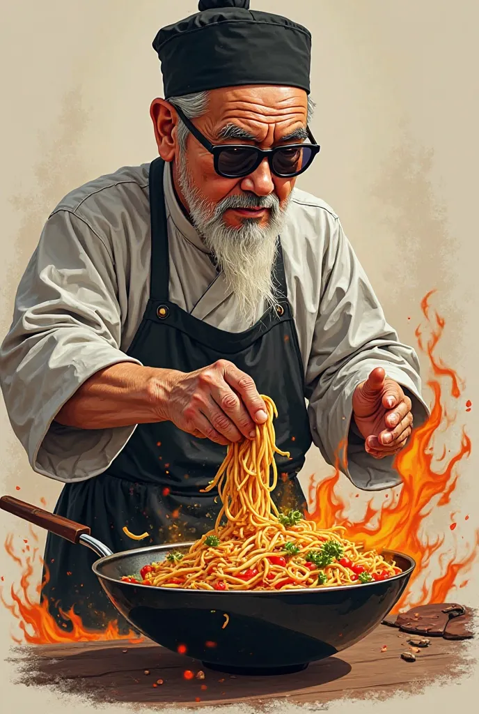 Logo avec un dessin d'un vieux cuisinier chinois qui porte des lunettes rondes fumées noires et un bonnet noir. Il fait sauter dans un wok des nouilles et des légumes. Il y a une flamme.