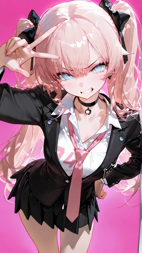 ( Masterpiece ,  top quality ,  exquisite,8k,  absurd),(748cmstyle), peace sign,( high angle), long hair, pink , twin tails, blue eyes, cute, angry face, kind, unbalanced white cutter shirt, pink tie , black choker, wear a black jacket,Black checked mini s...