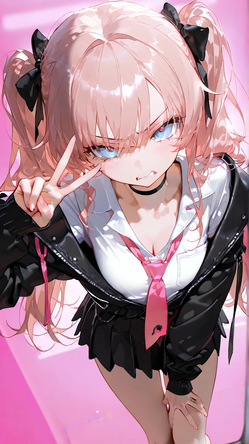 ( Masterpiece ,  top quality ,  exquisite,8k,  absurd),(748cmstyle), peace sign,( high angle), long hair, pink , twin tails, blue eyes, cute, angry face, kind, unbalanced white cutter shirt, pink tie , black choker, wear a black jacket,Black checked mini s...