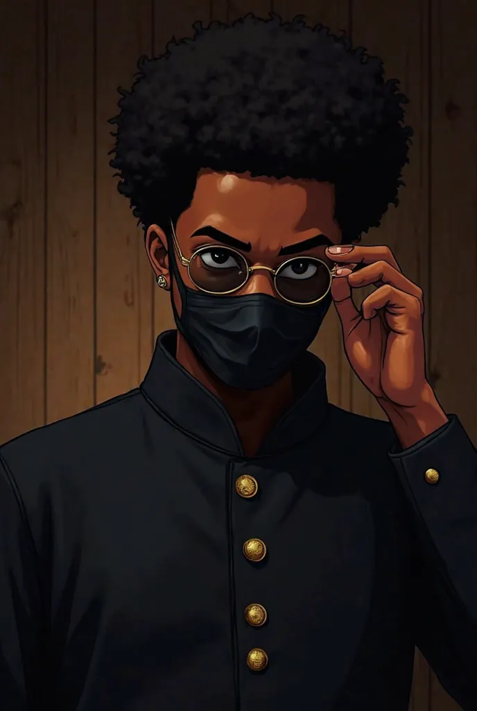 Créer une image Un jeune homme afro à l’allure sérieuse ajuste ses lunettes rondes d’un geste précis. Il porte un uniforme scolaire noir avec des boutons dorés, inspiré du style japonais classique. Ses cheveux courts et bouclés encadrent son visage, tandis...