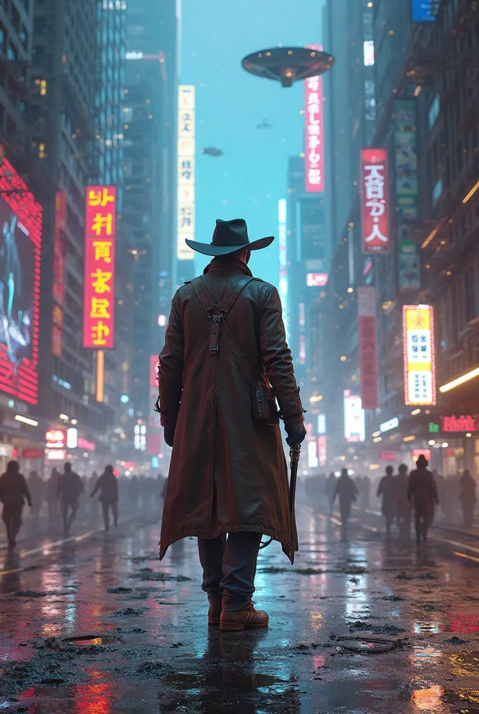 Generate a cowboy in the city with cyberpunk-style neon lights