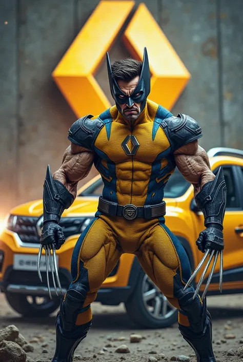 Wolverine in front of a Renault symbol and in front of him a yellow-blue Renault Kwid Brazilian vehicle