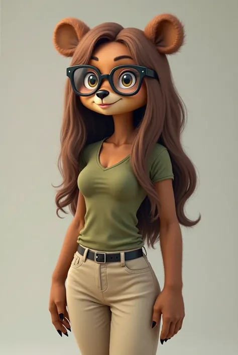 A humanoid bear with realistic brown fur, now short and skinny, standing confidently. Her physique is slender with a petite frame, wearing an olive green, snug-fitting t-shirt and beige pants that slightly loosen around her thin legs. She has long, wavy br...