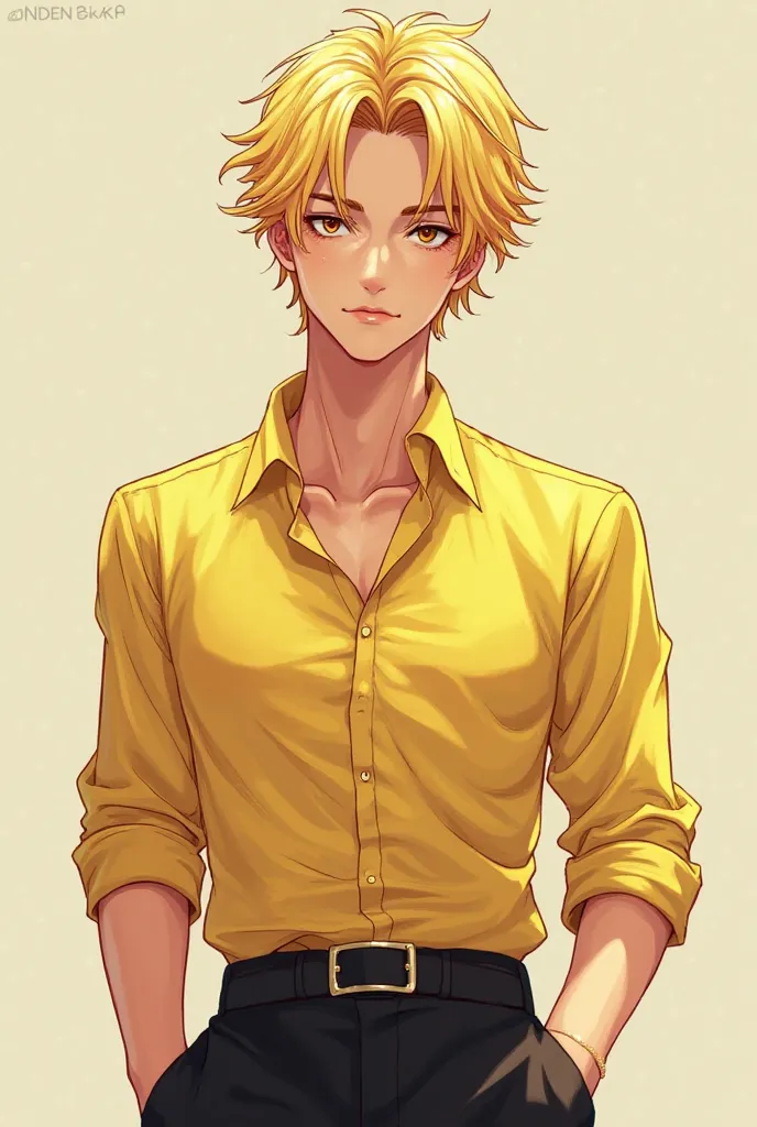 Stylish anime boy with yellow dress shirt and blond hair