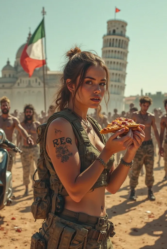 A female soldier in an apocalyptic desert full of zombies. She is eating pizza . She has a tattoo REQ. In the distance we see the Tower of Pisa and the Italian flag. There is a vespa with registration REQ