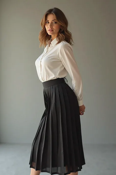 35 years old black pleated skirt wearing a white blouse blunan 35 years old attractive woman with brown hair posing from height in her tits medium size hourglass image 1080p full hd full body