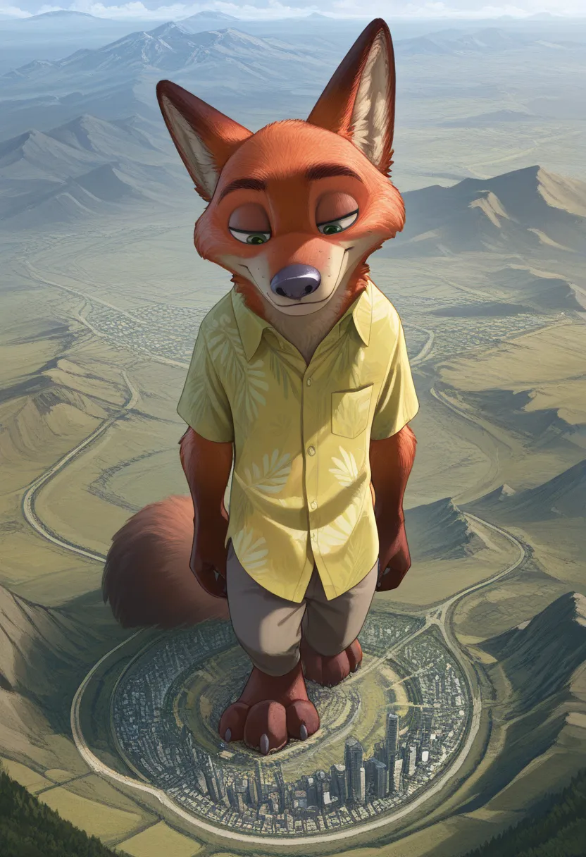  Masterpiece ,Best quality,military uniform amazing quality,
1 man, solo, a male,  man, One, fluffy, Nick Wilde, Zootopia , khaki shirts, green Hawaiian shirt, rises above mountains and terrain, look at the metropolis, macro, giga-sized, grows, Giant, high...