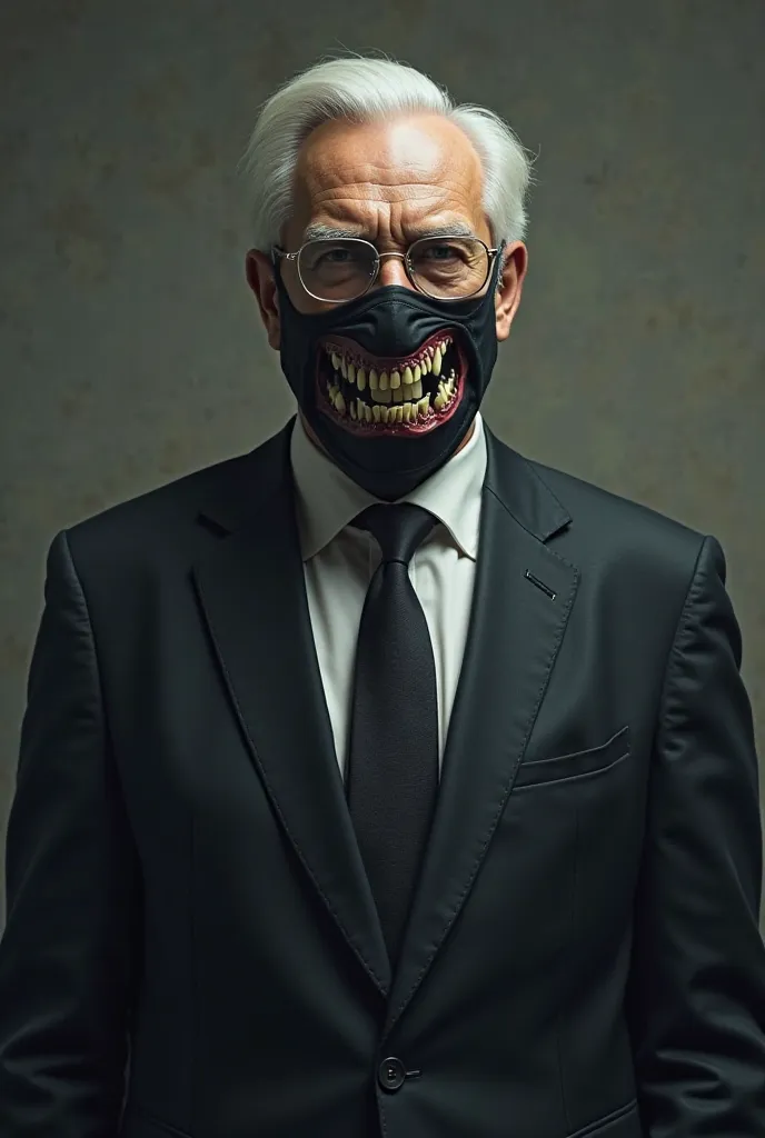 Make a man animate with glasses and with a closed suit without a tie with white hair and with a mask with teeth 