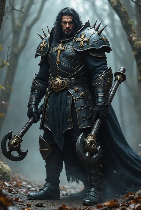 Warrior in his 30s.
 black hair . 
Ebony Gothic armor with metal spikes and religious symbols.
 wielding two flails.
Without a helmet.
Without beard. 