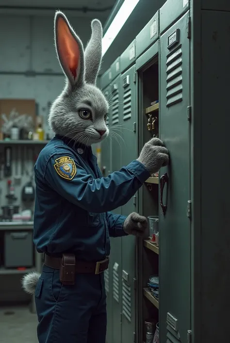 Inside the workroom, the police gray bunny opens the locker for the keys, Flashlight, cuff No. 8 