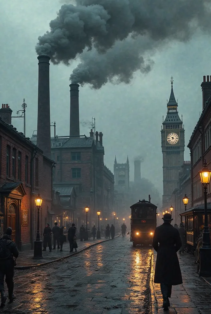 The smoking factories of Victorian England: tall brickfactories with huge pipes throw black smoke into the cloudy sky. Workers in old clothes work in huge cars, through the streets of London the first steam trains and crews will be, lanterns reflect in the...